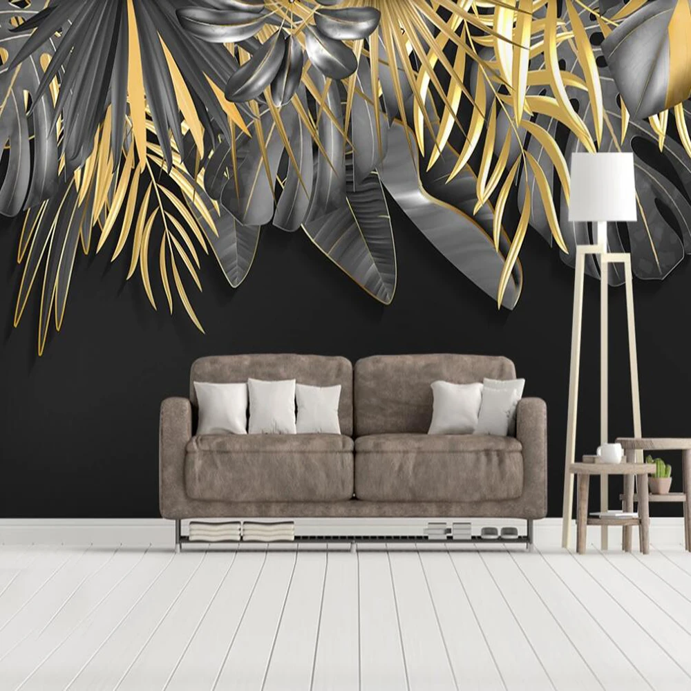 

Drop Shipping Custom Large Wallpaper Mural Simple Hand-painted Tropical Plants Golden Leaves Background Wall Decoration Painting