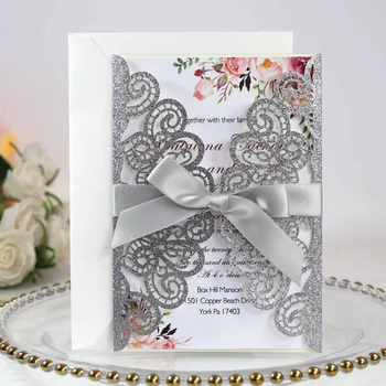 

Silver Glitter Wedding Invitations with Ribbon and Envelope Printable Laser Cut Quinceanera Invitations Sprinkle Invites 50pc