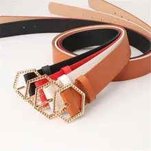 

106cm*3.4cm Belt Waistband PU Leather Belts Women Female Dress Woman Lady Hexagon Metal Duckle Strap Decorative Casual Band