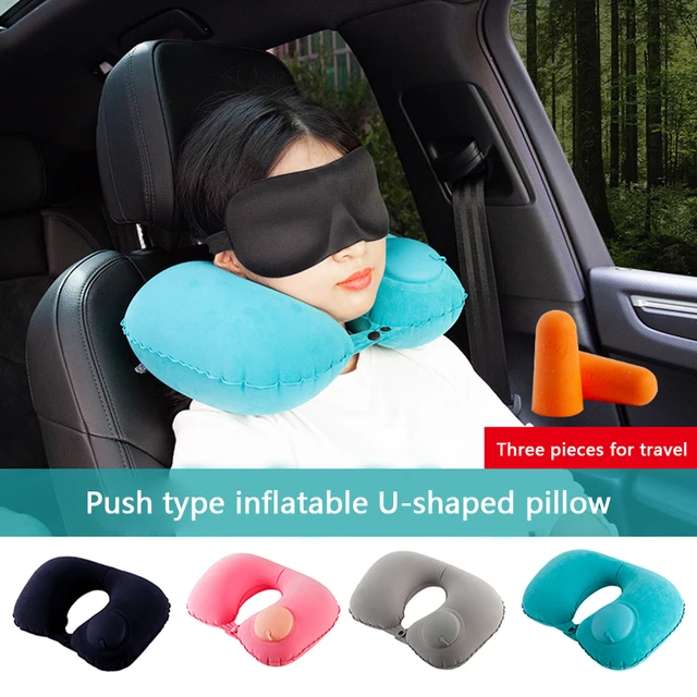 Neck Pillow U Shaped Inflatable Neck Head Support Travel Kit with Sleep Eye Mask Earplugs Bag for Car Auto Train Airplane 2