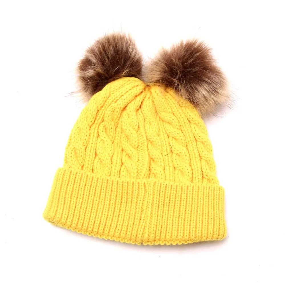 Yellow Зимняя детская вязаная шапка из искусственного меха, 2 плюшевых шарика, вязаная шапочка для маленьких девочек, теплая детская шапка с помпонами - Цвет: Yellow
