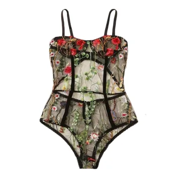 

Women Flower Lingerie Hollow Perspective mesh Bodysuit Floral Embroidered Backless Jumpsuit Sleepwear Lingerie Exotic Sets