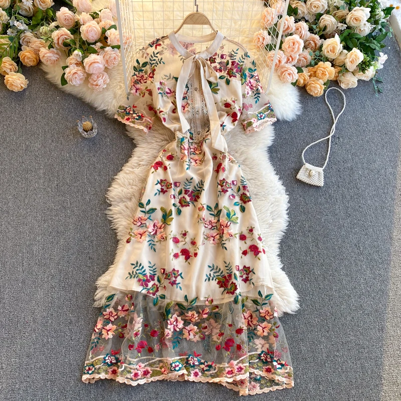  Chic Mesh Embroidery Flower Women Dress 