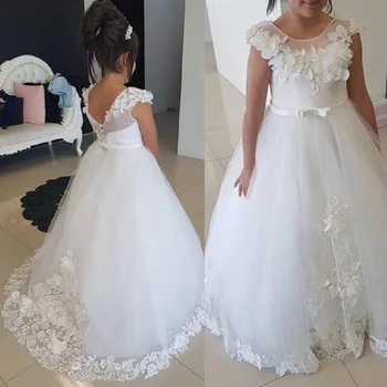 

Flower Girl Dresses A Line Jewel Lace 3D Applique Sweep Train Girls Pageant Dresses For Wedding Party Girl Dresses for Wedding