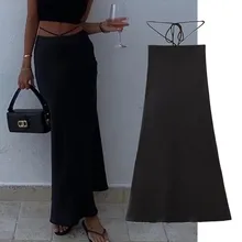 

Maxdutti Ins Fashion Skirts WomensBlogger Sexy Bandage MIdi Faldas Mujer Moda 2022 England Satin Black Fashion Long Skirt Women