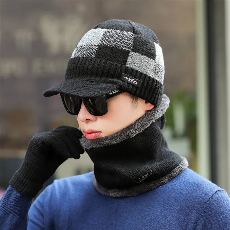 men hat set Мужская зимняя шапка воротник шарф наборы перчаток хлопок Модная вязаная шерстяная шапка шейный платок с маской плюшевые теплые женские шапки перчатки набор - Цвет: men hat set
