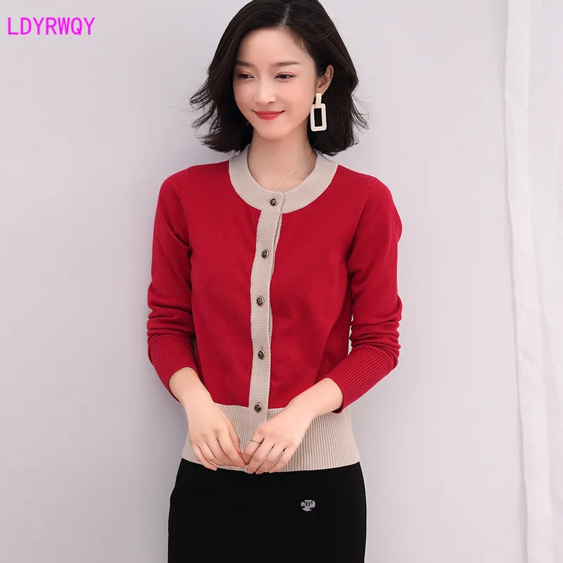 

2019 autumn new Korean fashion women's round neck contrast color knit temperament was thin single-breasted sweater coat