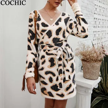 

Women Fashion Sexy Leopard Print Sashes V neck Warm Knit Dresses Spring Autumn Dress