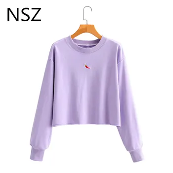 

NSZ women purple crop top chili print cropped sweatshirt oversized hoodies fashion loose hoody pullovers streetwear tracksuit