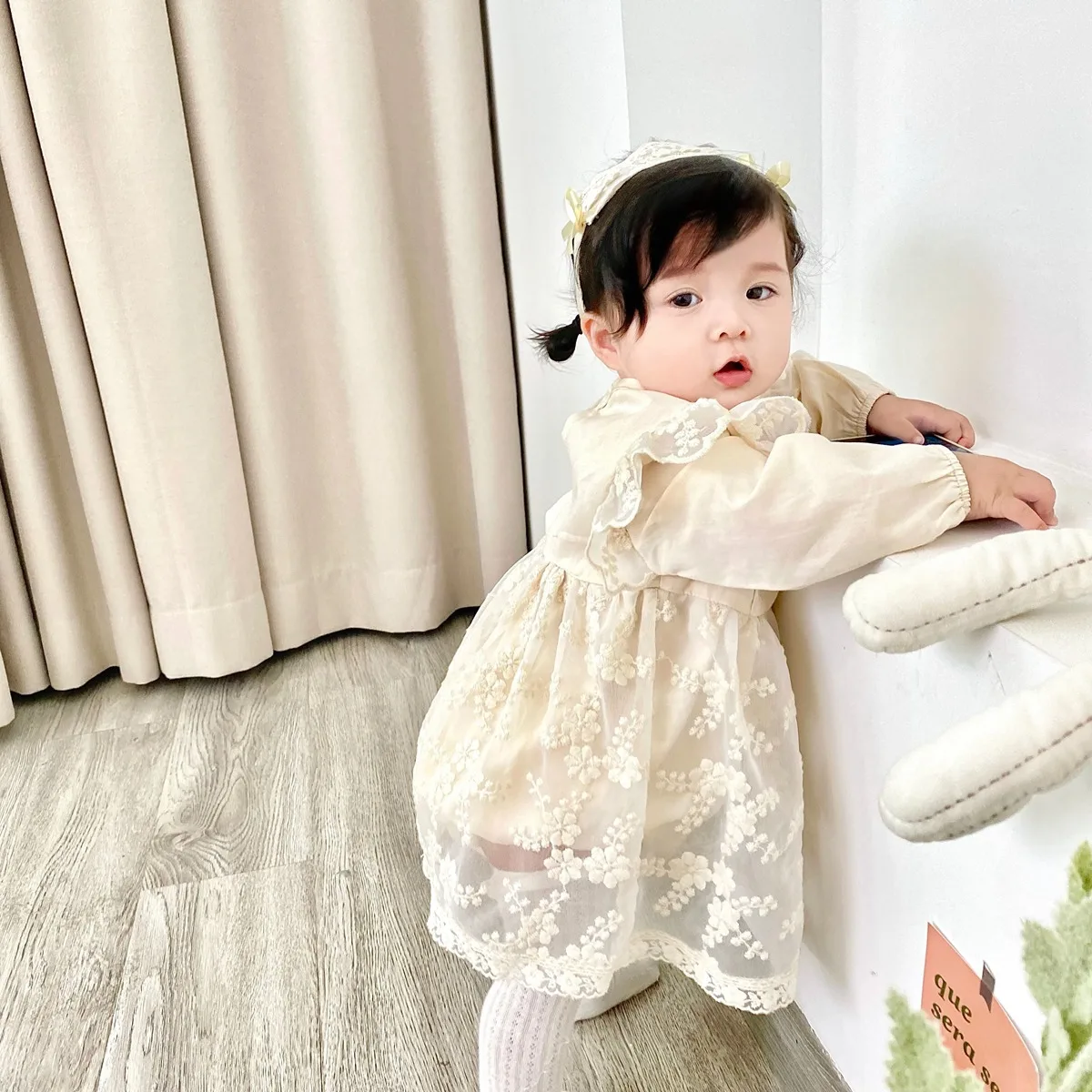 

Baby Clothes Girls Lace Long Sleeve O-Neck With Headband Bodysuit