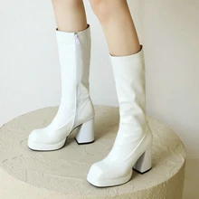 Lolita Women Boots Patent Leather Square Toe Thick Heel Ladies Knee-length High Boots White Black Red Autumn Winter Women Shoes