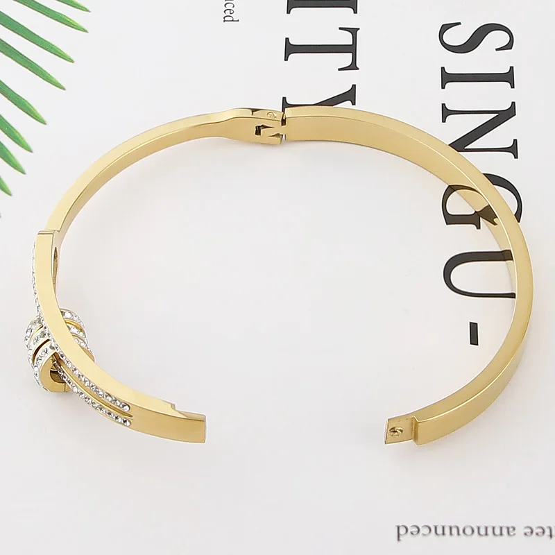 Stainless Steel Three Circles Crystal Bangle Bracelet Half Hollow Design For Women's Love Gifts