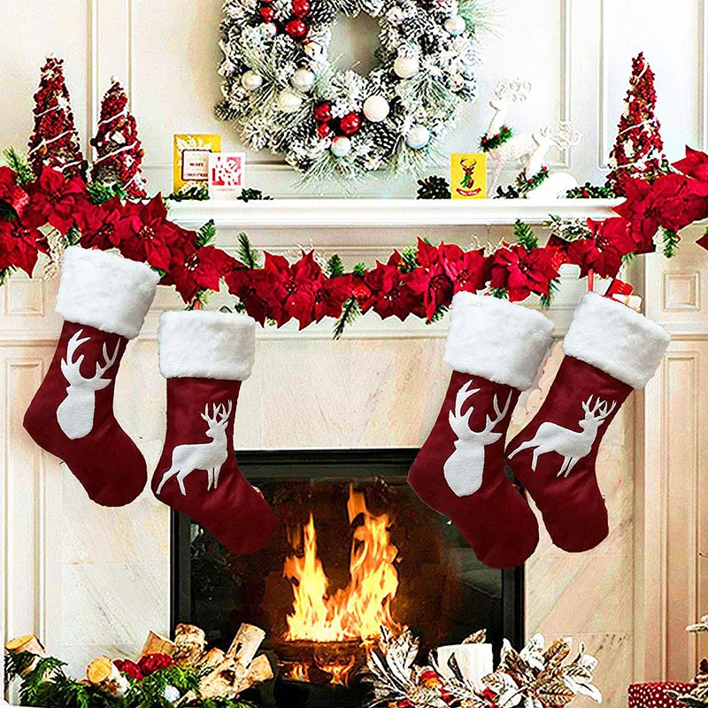 Рождественские украшения для чулок, манжета из пуха, Рождественская елка с принтом, Рождественская игрушка, орнамент, новогодний подарок, сумка, украшение для дома