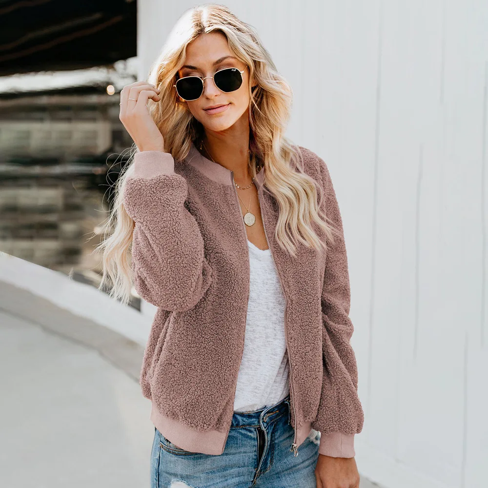 

ugar Plum Fair Pocketed Sherpa Jacket Winter Thickened Short Jacket Women's 2019 New Card Long Sleeve Zipper Hundred Jacket
