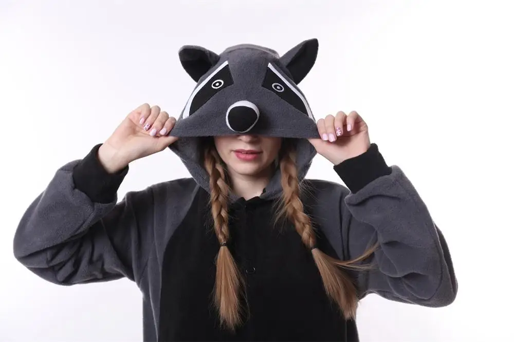 HKSNG Kigurumi Adult Raccoon Onesies Animal Pajamas Gray Racoon Cosplay Costume For Adult Couples Halloween Pijamas