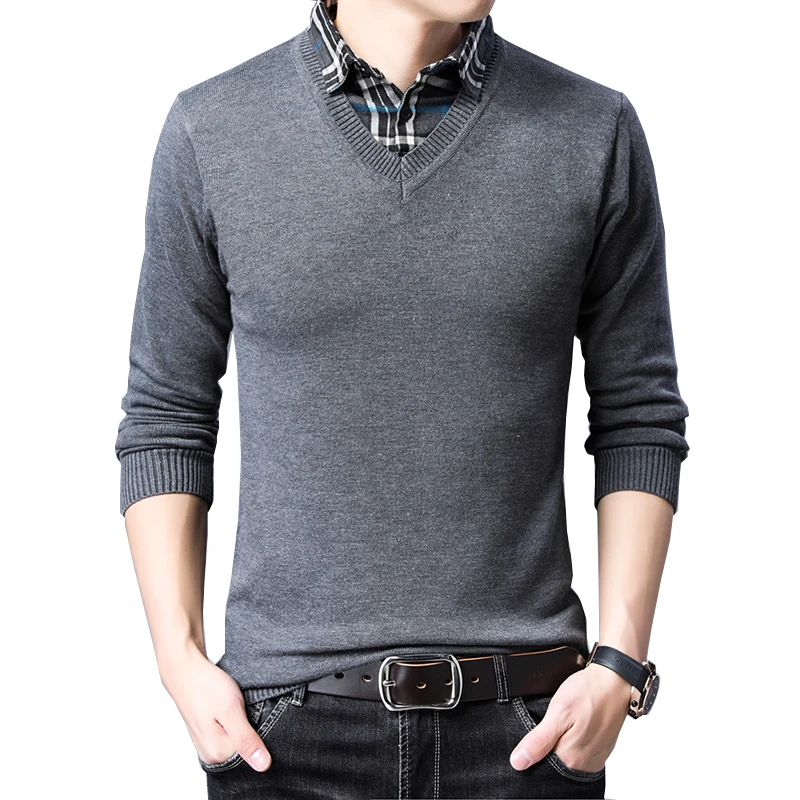 Fashion Sweater TFETTERS Shirt Knitwear Turtleneck Slim Mens Fake Autumn Collar Two-Piece