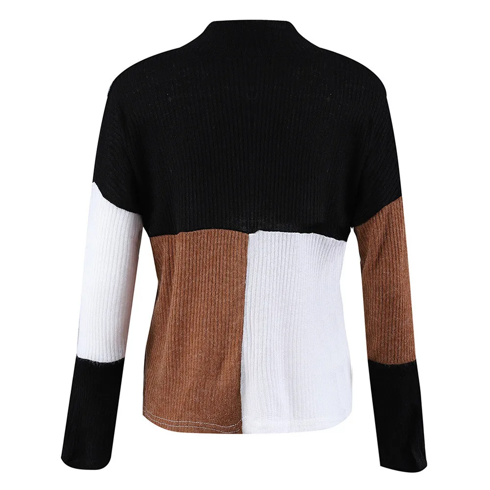 Jaycosin Women Colorblock Stand Long Sleeve Knitted Sweater Coat Autumn Long Sleeve Elegant Casual Stylish Top Blouse 