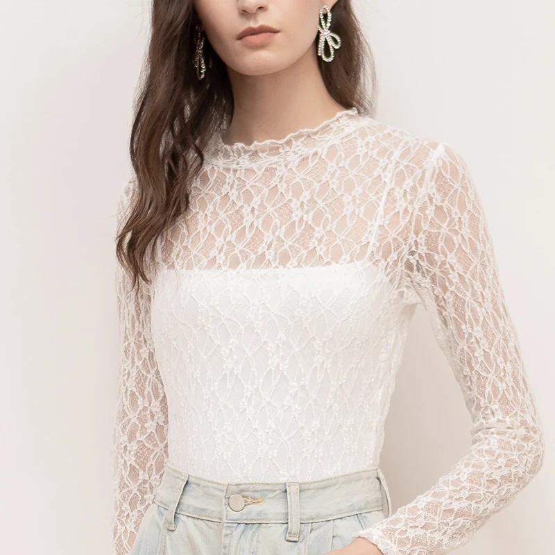 womens clothing Fashion Women Lace Shirt Women Sexy See-through Long Sleeve Mesh Plus Size Spring Summer Elastic Skinny Tops