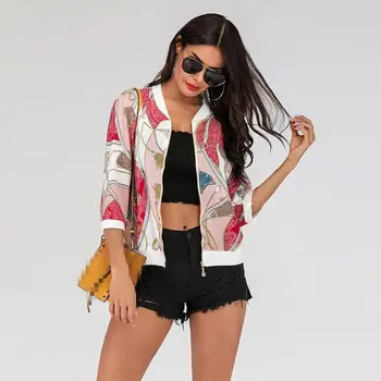

2019 Women Autumn Casual Zipper Short Coat Stand Collar Geometric Printing Jeckt 3/4-Length Sleeve White Chain Top