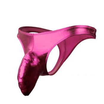 

Men Briefs Sexy Bulge Pouch G-String Briefs T-Back Thong Lingerie Solid Color Underwear PU Leather Male Underpants