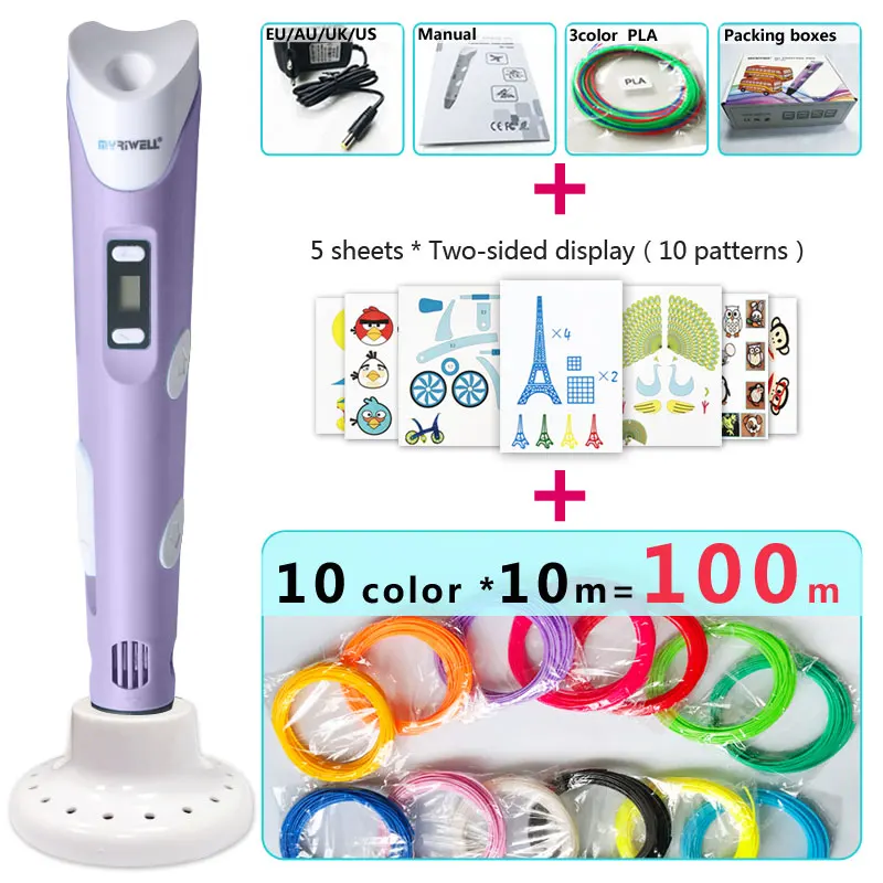 Purple pen Package 4 Myriwell 3d Ручка 3d ручки, светодиодный дисплей, ABS/PLA нити, подарки для детей зарядка через USB, 3 d Ручка 3d модели Smart 3d печать pen-3d Волшебное перо - Цвет: Purple pen Package 4