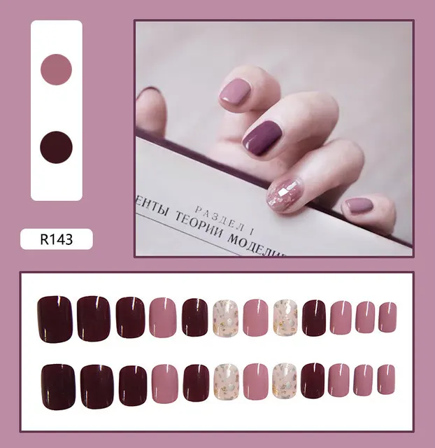 24 Sheet/Set Cute Face Fake False Nail Tips Grid Round Full Cover Glue Manicure Makeup New Design Pure Art Nail Stickers R143