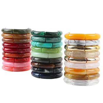 Trendy Resin Geometric Beaded Bracelets on Hand Acrylic Bamboo Tube Bangles Bracelets For Women Fashion Jewelry Valentines Gift