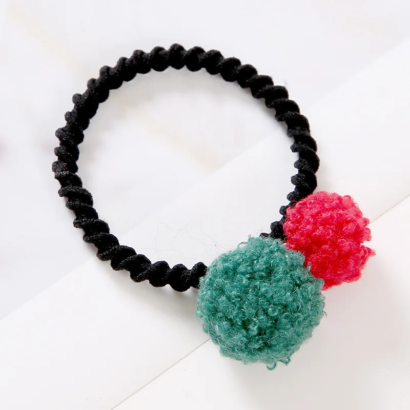 Cute Little Woman Pompom Hair Ties Double Pom Pom Elastic Hair Band Rubber Bands Hair Accessories Scrunchies Ponytail Holder - Цвет: Черный