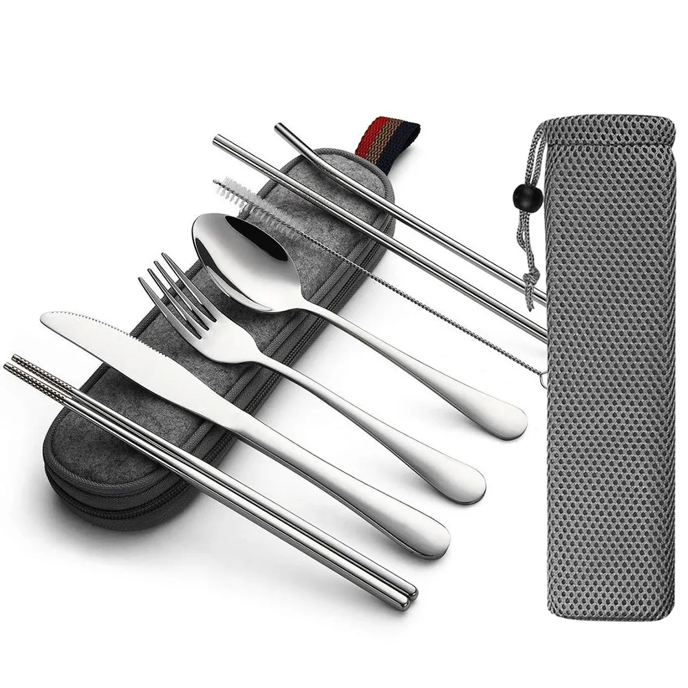 

Reusable Silverware with Metal Straw Spoon Fork Chopsticks Drinking Straws Dinnerware Set Travel Camping Cutlery Set