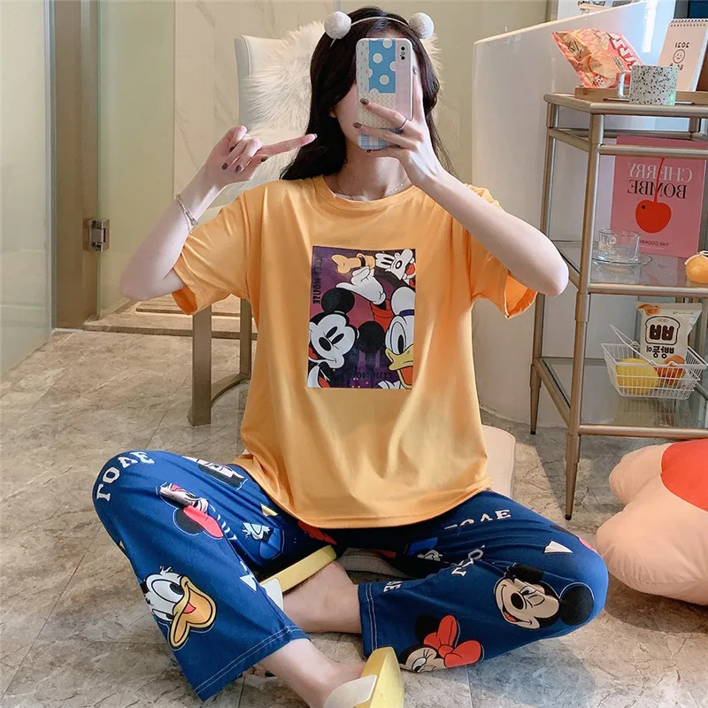 

Mickey Minnie cute print ladies cartoon pajamas summer short-sleeved trousers pajamas suit home service suit plaid pants