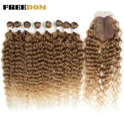 FREEDOM Synthetic Hair Bundles With Closure Water Wave Hair Extensions Ombre Blonde Grey Hair 20inch High Temperature Fiber Hair