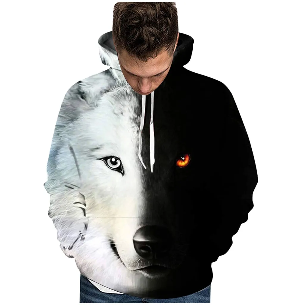 Толстовка мужская зимняя с длинным рукавом и 3D-принтом волка |