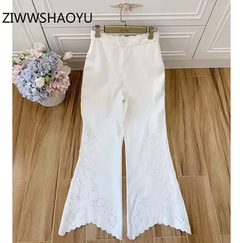

ZIWWSHAOYU Runway Designer Autumn Fashion Hemp Hollow Out Embroidery White/Black Flare Pants Women Elegant