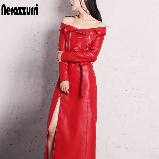 Nerazzurri spring autumn maxi dresses for women slash neck Red black pu leather dress women long sleeve runway Elegant dress 1