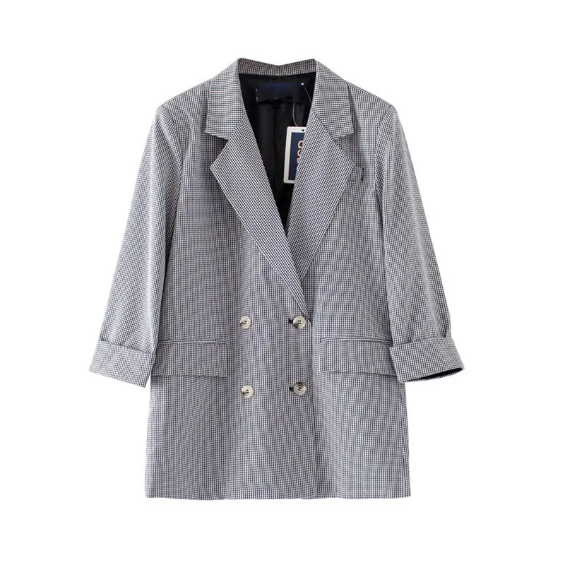 

Women Tide Summer Loose Office Lady Blazer Long Casual 3/5 Sleeve 2 Pockets Double-Breasted Coat Outwear
