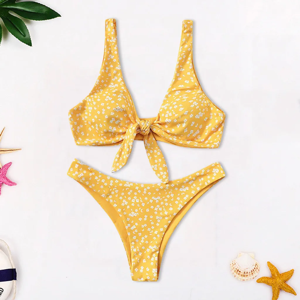 JAYCOSIN strap bow women swimwear small floral print fresh solid sweet sexy bathing bikini beachwear low waist gathered swimsuit
