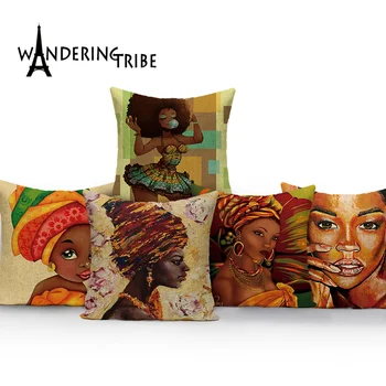 

Retro Ethnic Cushions Cover African Woman Decoration Pillows Case Portrait Sofa Car Cushion Covers Painting Home Bed Pillowcases