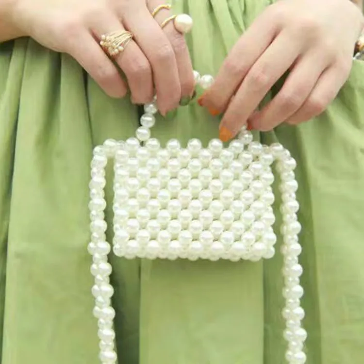 

Brand Hand-woven Pearl Bags Lady Beaded Shoulder Bag Women Party Vintage Handbag Ins Small Flap Bag Mini Cross body Bag 2019
