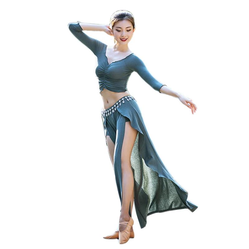 

Sexy Women Mesh Belly Dance Costume Set Top Folds Bra High Split Long Skirt Bellydance Clothes Contrast Color Skirt Dancewear