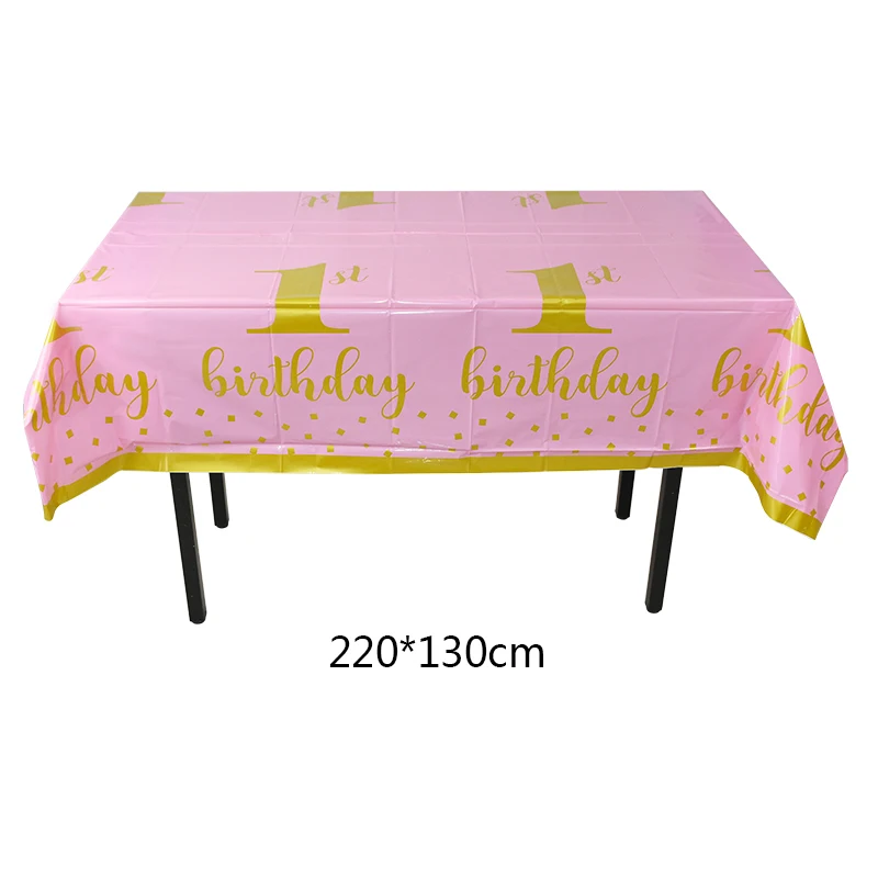 1pc tablecloth pink Первый с днем рождения одноразовый набор посуды розовый синий тарелка соломинки салфетки чашка для детского душа 1 год День Рождения Декор - Цвет: 1pc tablecloth pink