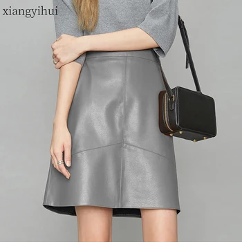 

2020 Summer Mini Grey Leather Skirt Plus Size Women Faux Sheepskin Leather A Line Skirts Fashion High Waist Pocket Black Skirt