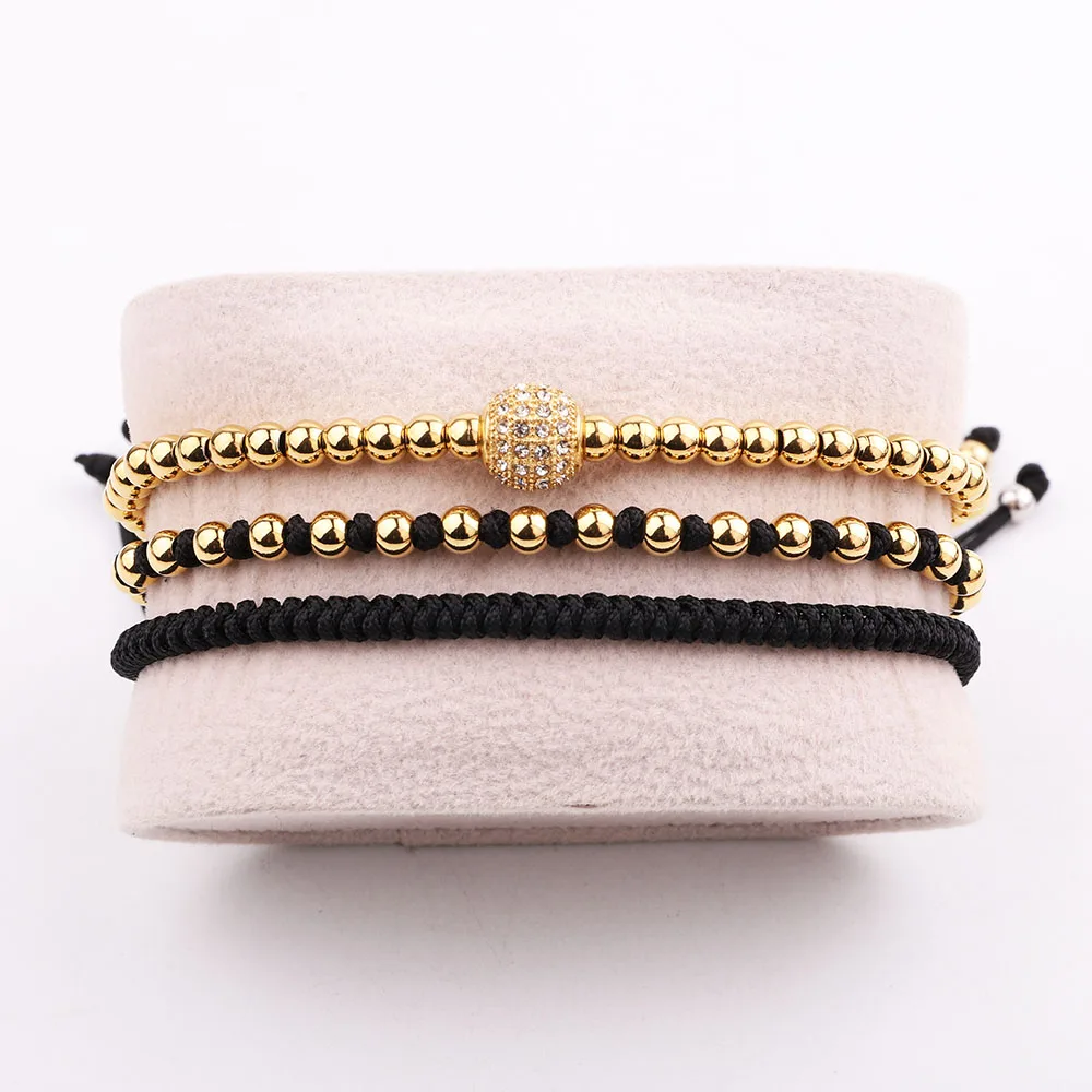 JARAVVI New Design High Quality Stainless Steel Beads Rhinestone Ball Cord Braided Macrame Bracelet Set Men Women Gift