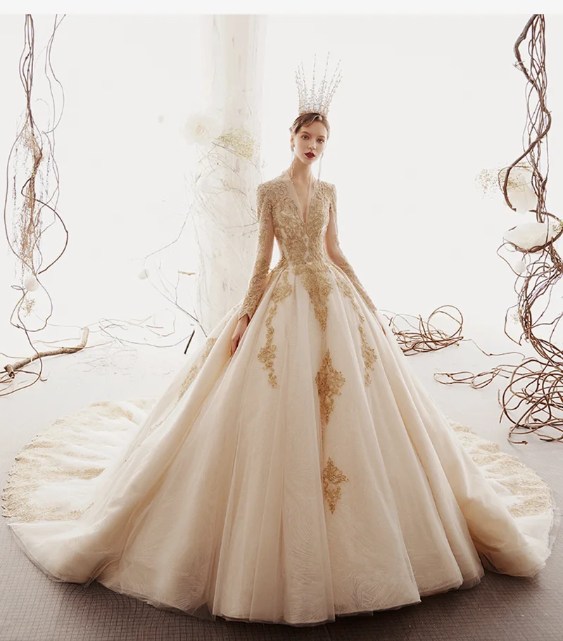 SoAyle Vestido de Noiva Hepburn роскошное свадебное платье цвета шампань с v-образным вырезом и Длинными Рукавами Свадебное Платье вышитое бисером кружевное платье с аппликацией