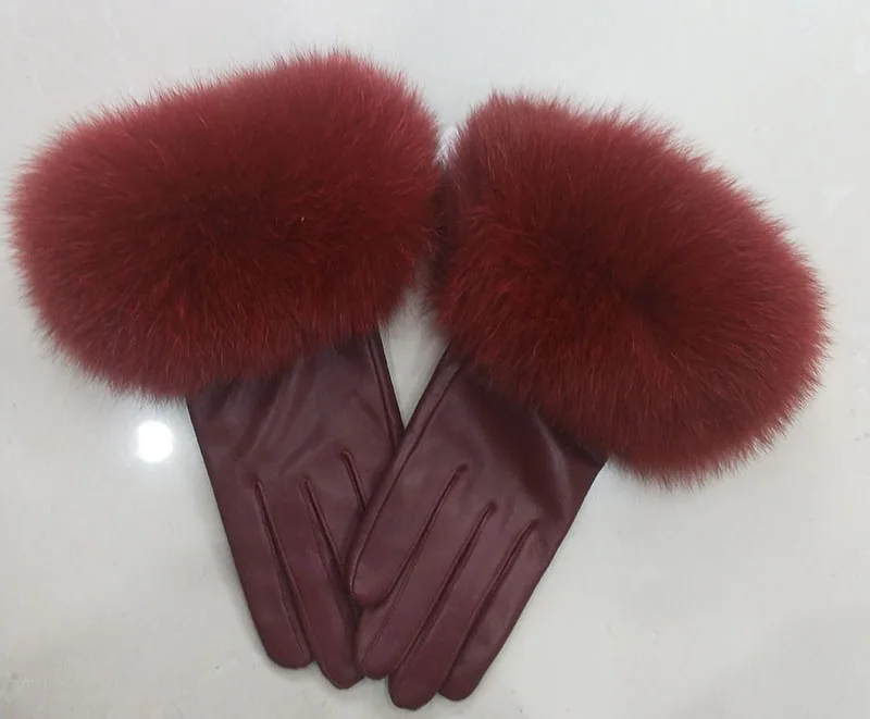 Женские роскошные перчатки из натуральной кожи с манжетами из натурального меха лисы, женские теплые зимние перчатки из натуральной кожи, женские повседневные теплые перчатки - Цвет: Бургундия