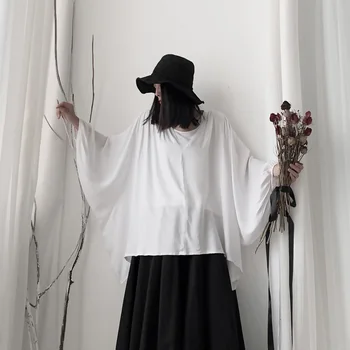 

[] Women White Oversized Short Blouse New Lapel Long Batwing Sleeve Loose Fit Shirt Fashion Tide Spring Autumn 2020 19A-a647