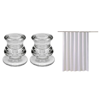 

1 Set Clear Glass Taper Candle Taper Candlestick Holder & 1 Set Thickened Polyester Plain Shower Partition Curtain