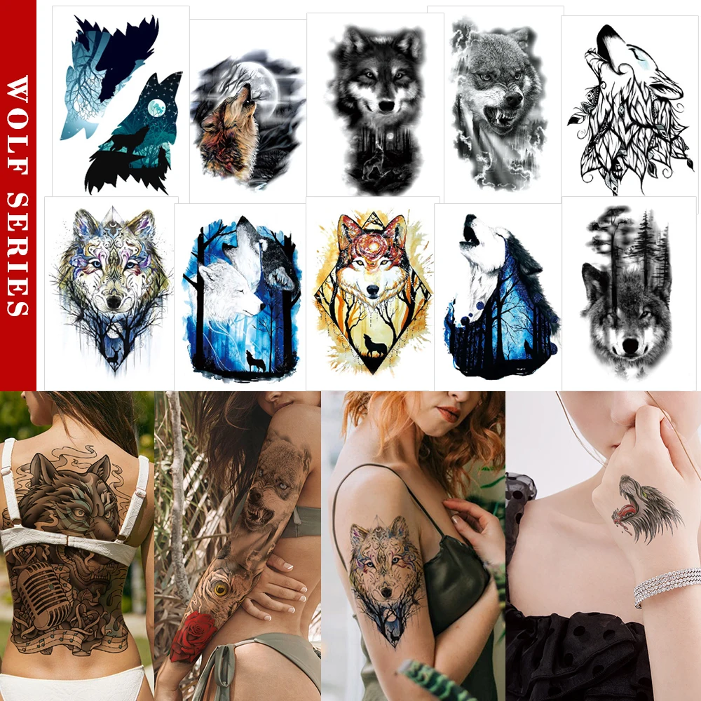 Body art tattoo stickers Wolf Ink color sticker for Hands full arms back Large tattoos animal waterproof | Красота и здоровье