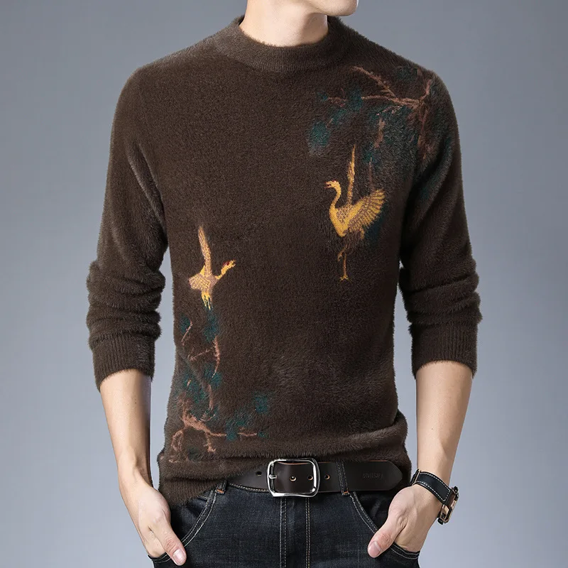 Chinese Style Crane Pattern Sweater Men Fashion Casual Pullover Winter Quality Velvet Soft Comfortable Knitted Luxury Pull Homme 3