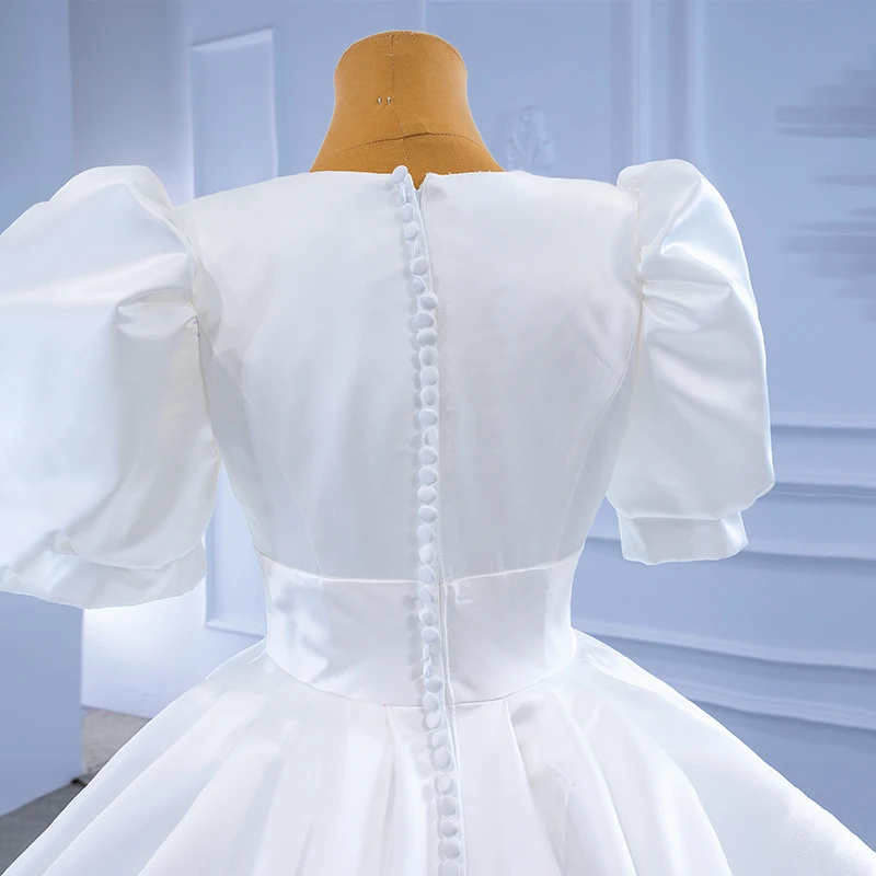 J67300 JANCEMBER Simple Elegant Bridal Wedding Dress White V-neck Smooth Satin Frill Short Sleeve Wedding Banquet Party Gown 6