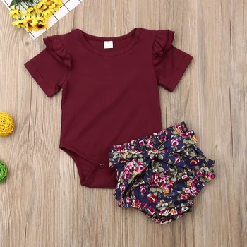 

Baby Girl Clothing Sets Shoet Sleeve Ruffle Bodysuit Romper + Floral Shorts 0-24M Newborn Infant Toddler Casual Cotton Outfit
